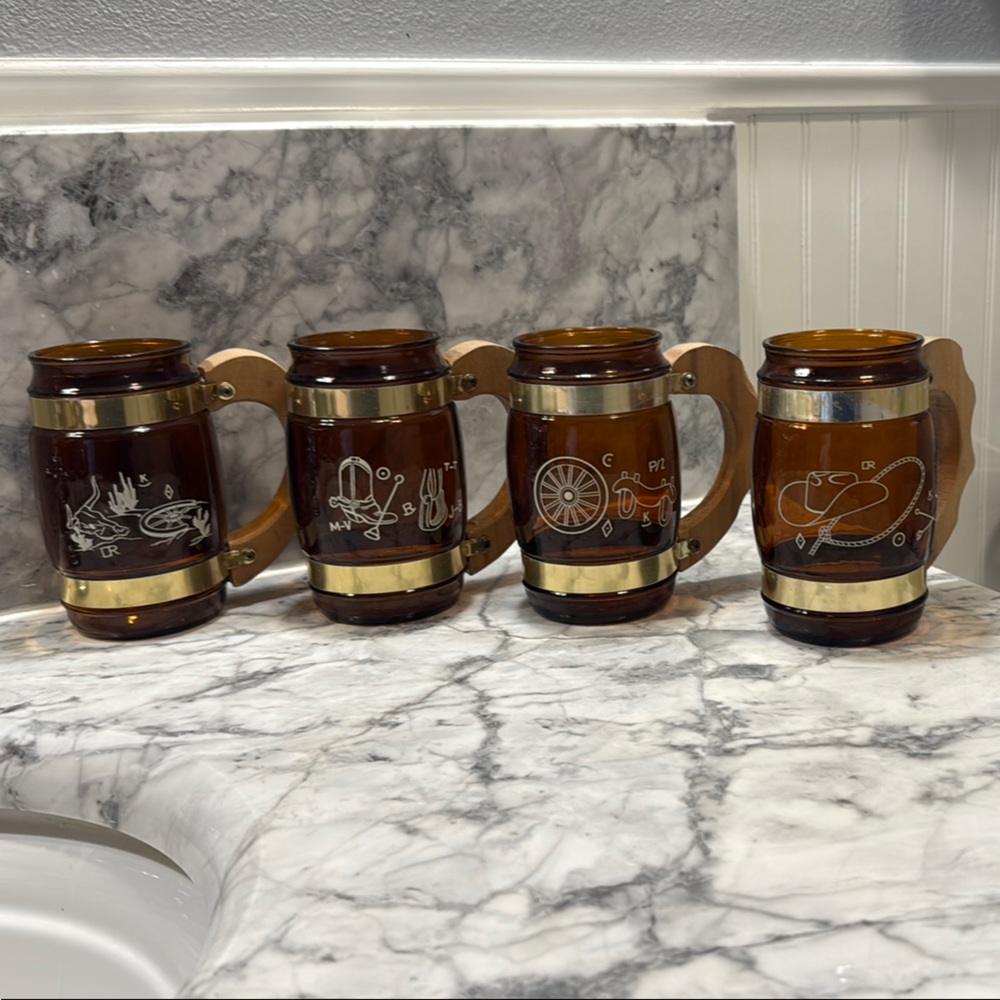 Elegant Brown Glass Drinking Mug Set with Gold Accents and western  cowboy